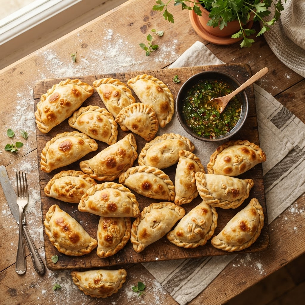 Tabla de madera con empanadas recién horneadas